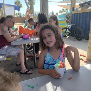 Rainbow snow cone and lots of shaded seating.