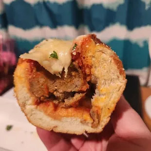 Inside meatball sub . One half weighed just a tad under 1lb . Could only eat 1/2