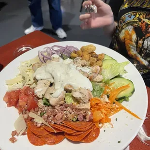 House salad with chicken and pepperoni, ranch dressing