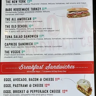 Cold sandwich menu