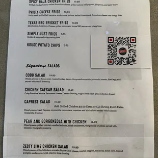 Sides and salads menu