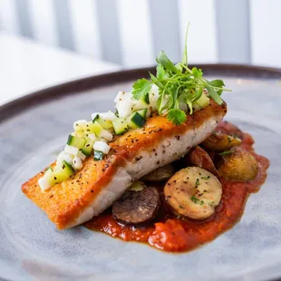 Pan Fried Bass, Tomato Saffron Emulsion, Cucumber Jicama Salad