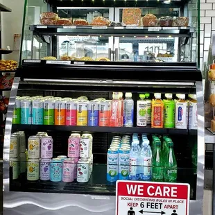 Bottled beverages and vegan pastries display