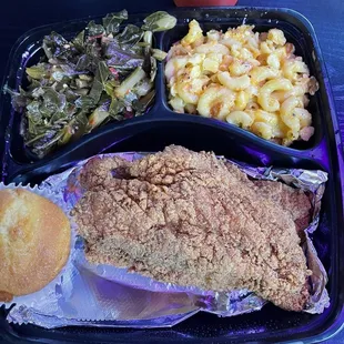 Catfish filets, greens, cornbread muffin, mac &amp; cheese