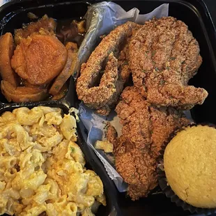 Fried Catfish Fillet, Mac &amp; Cheese. Cornbread &amp; Yams.