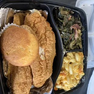 Fried Catfish Fillets with macaroni and cheese and collard greens