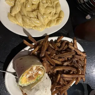 Fried chicken wrap with Mac and cheese and fries
