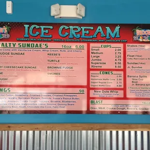Ice cream menu