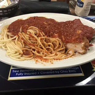 a plate of spaghetti and meat