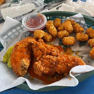 Buffalo chicken strips and tots