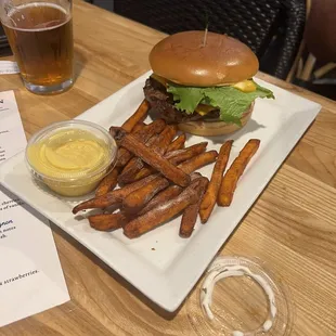 Burger and sweet potato fries