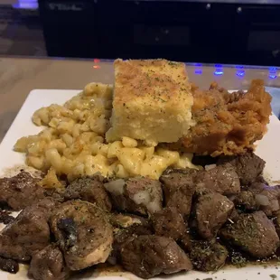 Steak bites, Mac and cheese, yams
