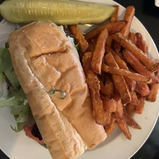 Ribeye steak sandwich with sweet potato fries. Delicious!!!