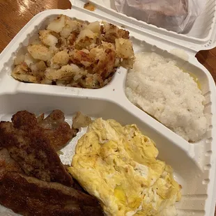 a tray of breakfast foods