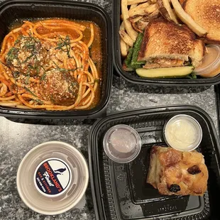 Spaghetti &amp; Meatballs, Grilled Salmon BLT Sandwich Brioche Bread Pudding