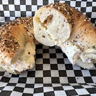 Everything bagel, toasted with veggie schmear