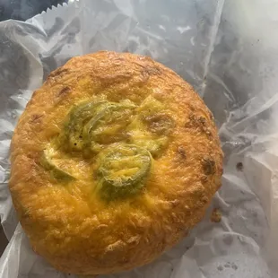 Cheddar jalapeño bagel sandwich