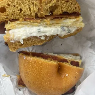 Bacon egg &amp; cheese on an egg bagel. I added chive cream cheese.