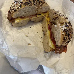 Bacon double egg cheese on everything bagel