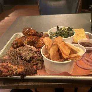 Pulled Lamb,Wings, Collard Geens ,Corn Bread, chicken thigh, Homade potato chips