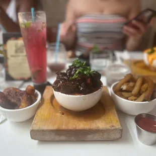 Sweet Plantains, Oxtail Mac and cheese , Seasoned Fries
