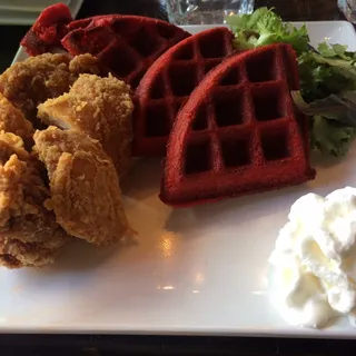 Red Velvet Waffles w/ Oreo Cookies Bites & Chicken