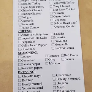 Sandwich menu - order sheet