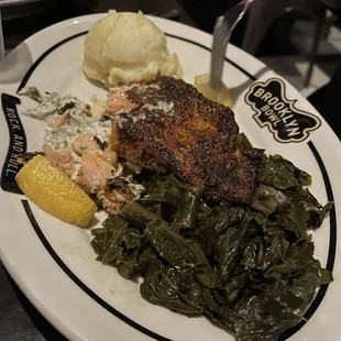 Blackened Salmon, Collard Greens &amp; Mashed Potatoes.