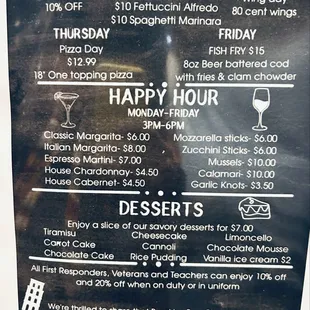 Drink &amp; dessert menu