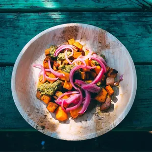 Sweet potato hash with pickled onions and a shishito pepper sauce that is to die for