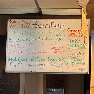 a menu on the wall