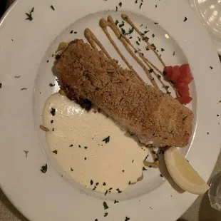 Horseradish and crusted salmon, a healthy portion.