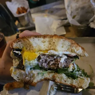 a hand holding a sandwich