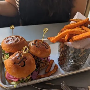 Sliders. Double Pork Belly &amp; one Pulled Pork with Cajun Sweet Potato Fries