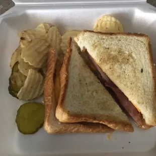 Grilled ham and cheese. Chips included with all sandwiches.