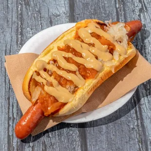 Brooklyn Dawg, red NY onions, sauerkraut,  and mustard. Shown here the not spicy frank
