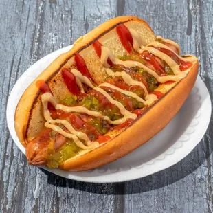 Veggie Dawg included topping options, ketchup, mustard, mayo, relish.  More extra toppings available .75 each