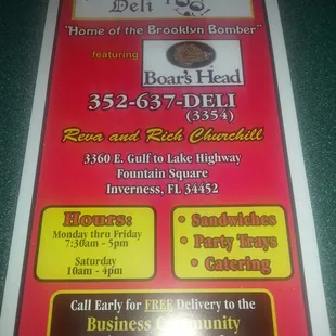 Front of take out menu