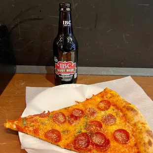 Pepperoni slice with root beer
