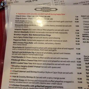 Apps..1/2 off during HH Mon-Fri 4pm-6pm except the ones with the red asterisk