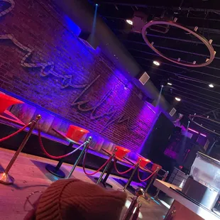 a stage with red and blue lights