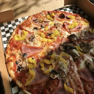 Ham, mushroom, and banana pepper gluten free pizza.