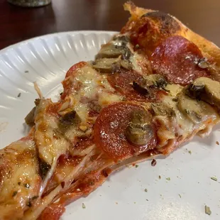 a slice of pizza on a paper plate