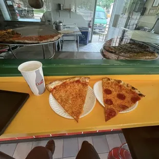 Cheese slice and pepperoni slice.