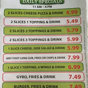a menu for the daily specials
