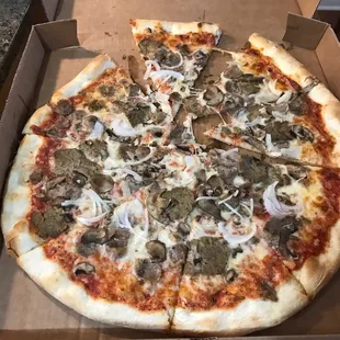 Large sausage, meatball and onion pie. Forget about it!