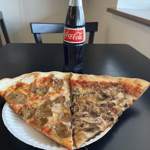 1 slice mushroom 1 slice sausage and 1 coke.