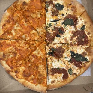 Bought two 12" specialties - buffalo chick &amp; Margarita - bread was a bit over-done and the sauce is normally bright but eyyyy