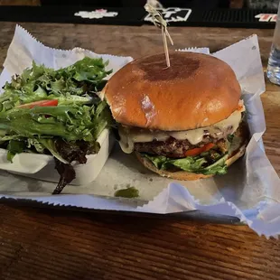 Lobster and Gruyère burger with side salad