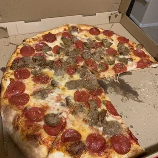 Well done cheese, pepperoni and sausage pie!  Delicious!!!
